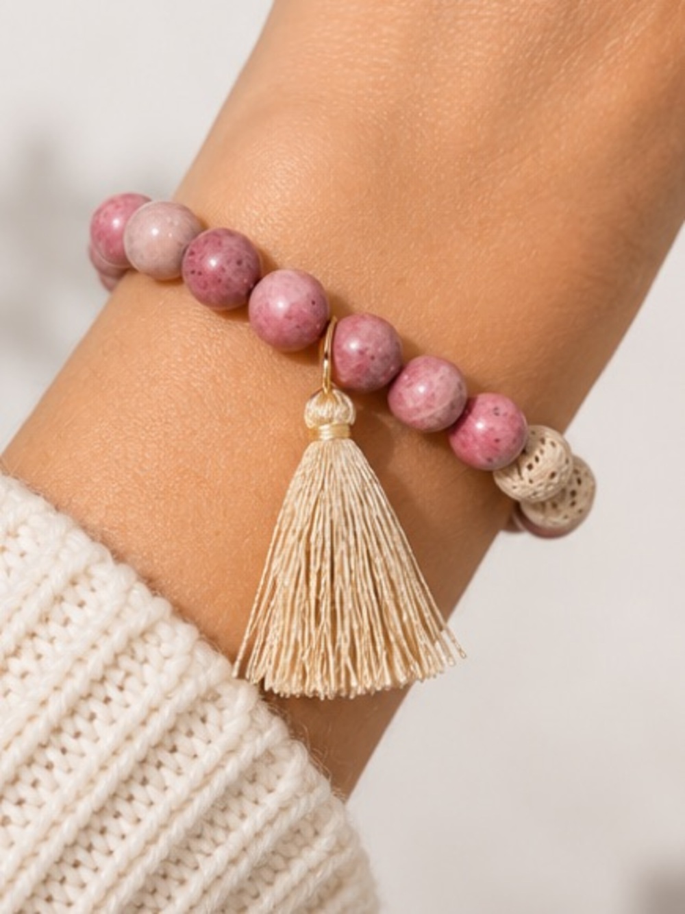 NEW - Boho Stackable Rhodonite & Lava Bead Stretch Tassel Bracelet Mala Yoga